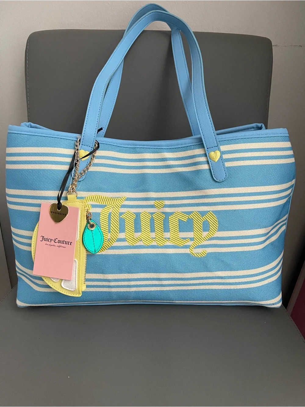 Juicy Couture Paradise Tote Blue White Lemon Striped Canvas